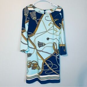 JB by Julie Brown Blue and Gold Chain Print Mini Dress